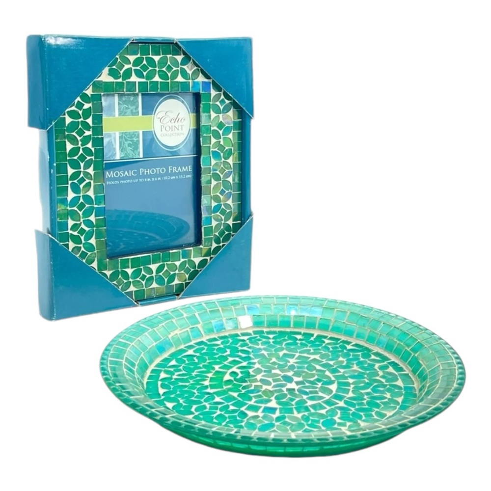 Vintage ECHO POINT Mosaic Glass Frame Plate 2 Piece Entryway Set Vanity Console